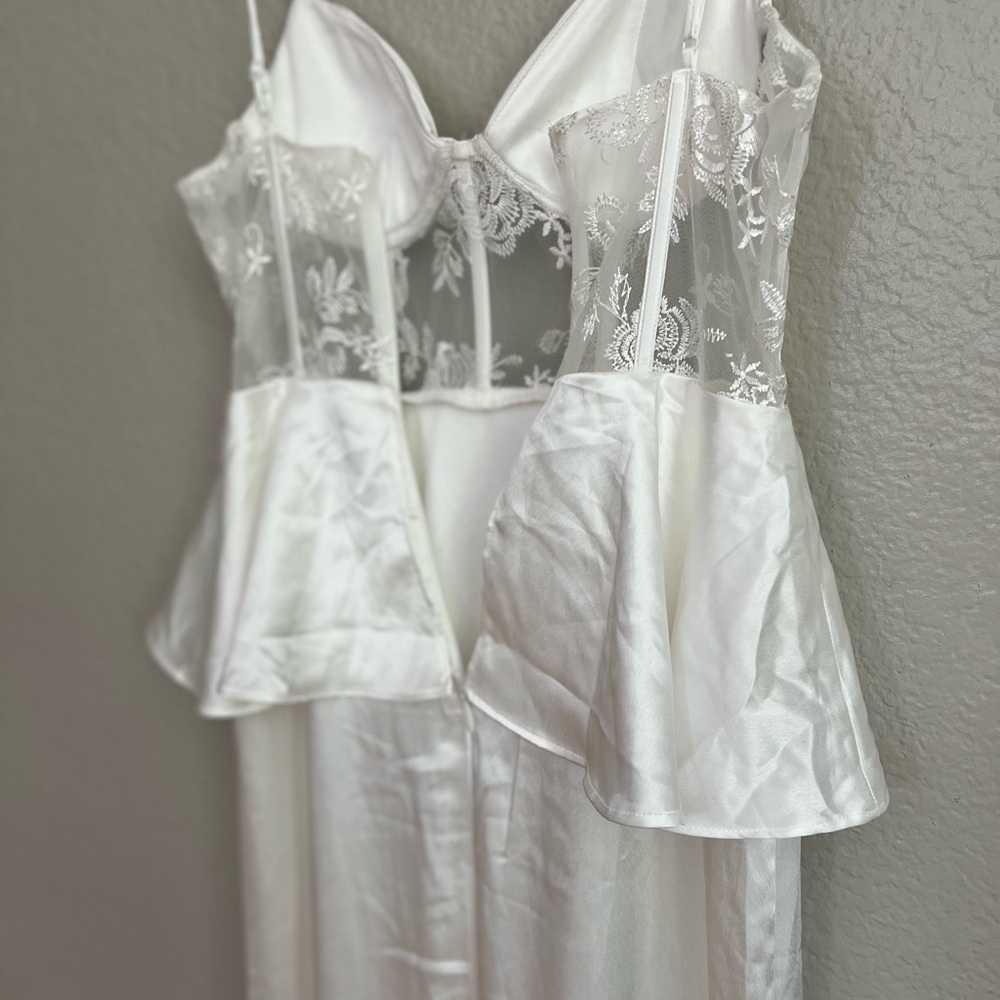Iconic Adoration White Satin Peplum Sheer Bustier Maxi Dress - Picture 8 of 12